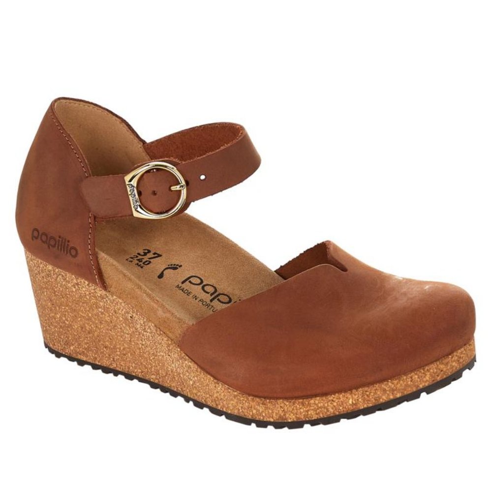 NWT Birkenstock Papillio Mary Jane cognac wedge heel shoes